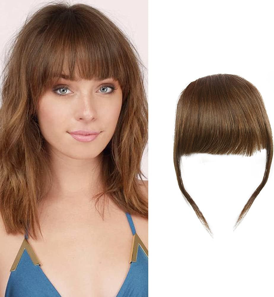 Shinon Thick Hair Bangs Real Human Hair Extension Clip in Fringe Hair with Temples Light Brown(Two clips) : Flat Bangs with Temples, Thick bang Light Brown