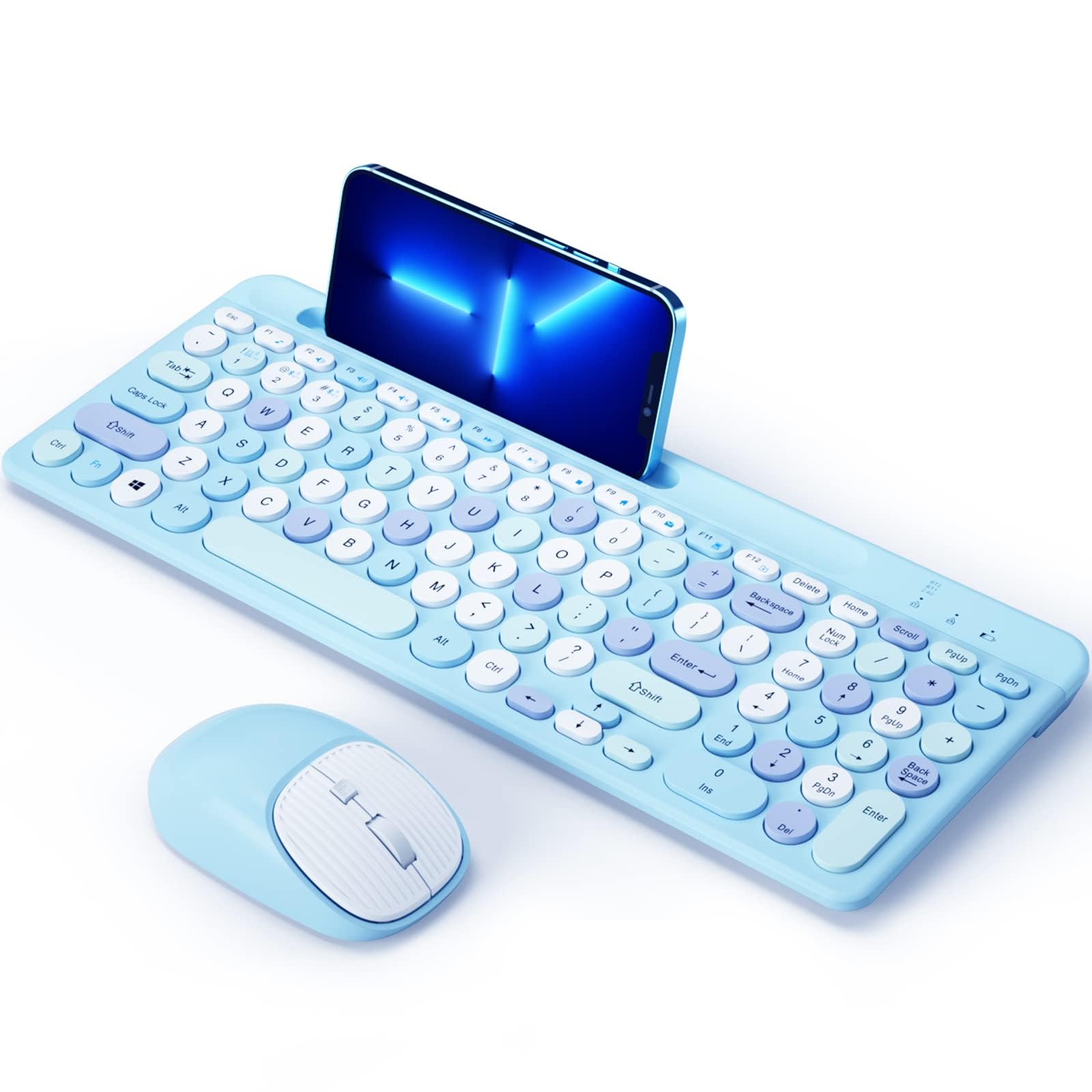 Bluetooth Keyboard and Mouse Wireless, Multi-Device Rechargeable Keyboard and Mouse Combo with Phone Holder (Bluetooth 5.0+3.0+2.4GHz) Quiet Ergonomic Compatible with Mac/Windows/iOS/Android (Blue)-image-48