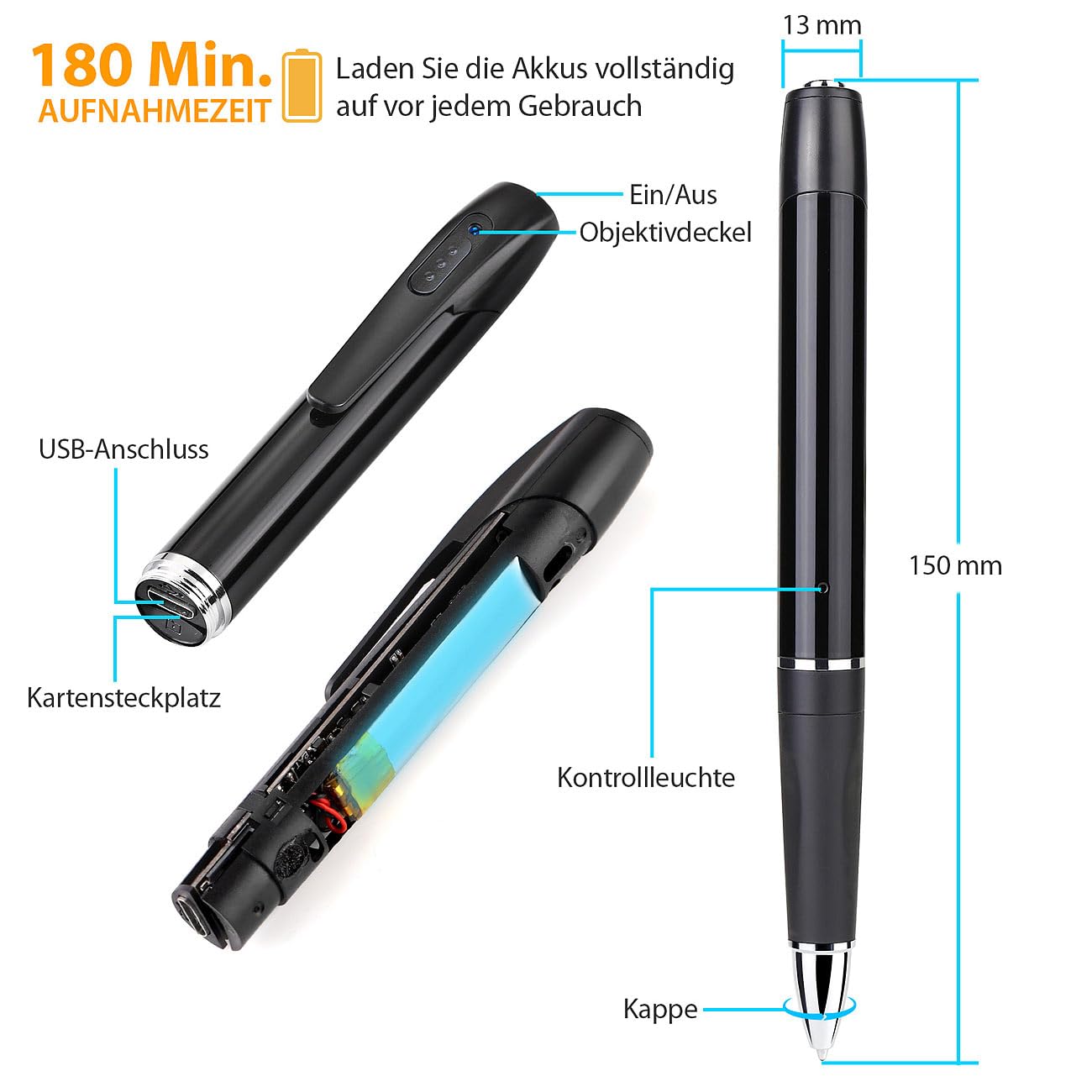 penna con telecamera: Penna a sfera con videocamera, Risoluzione Full HD, microfono integrato (videocamera, fotocamera, SD)
