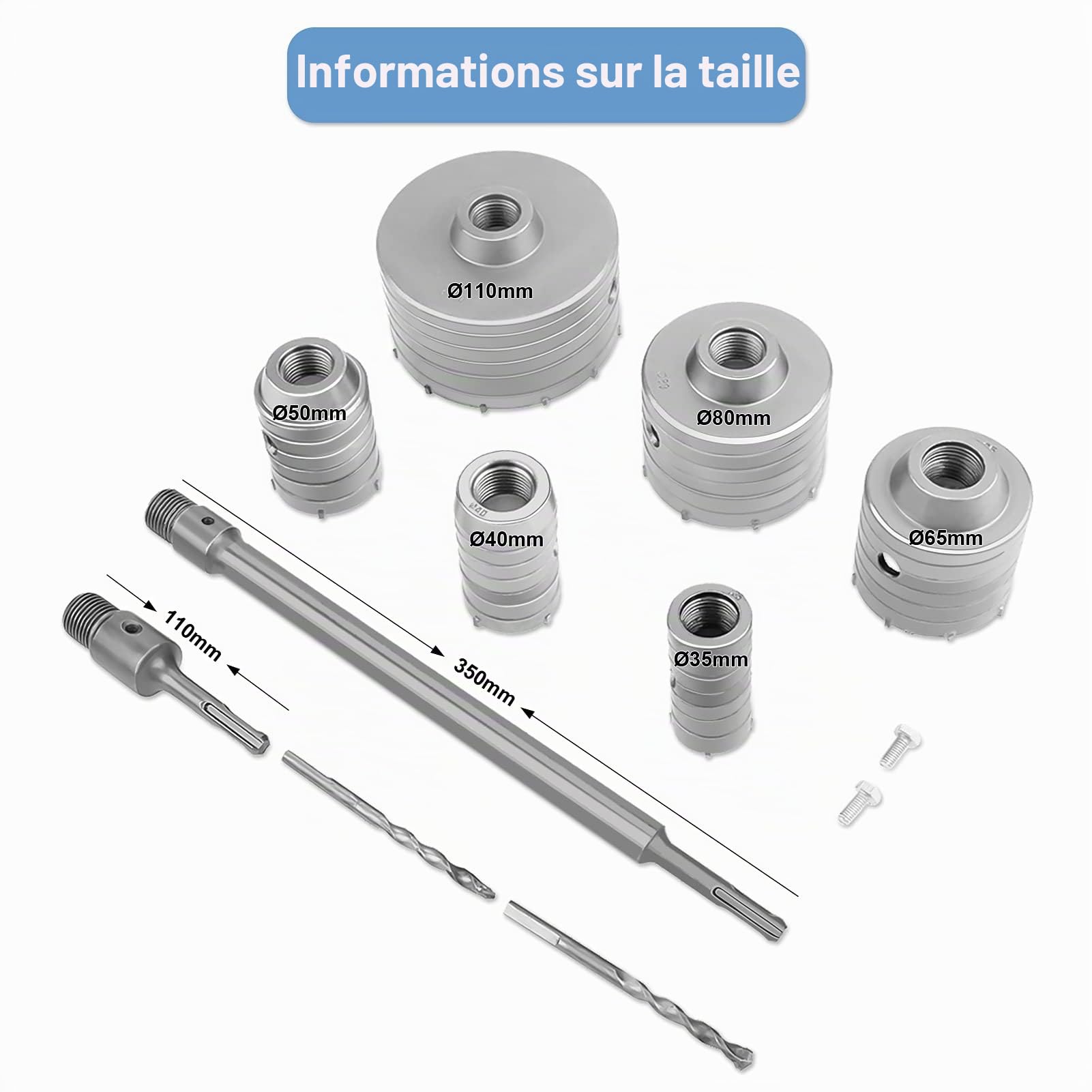 Trépan Béton, Set de Scies Cloches, Jeu de forets pour Carottiers TCT, Scie Cloche Beton, Carotteuse Beton, Coupe-trous pour Maçonnerie en Tungstène à Tige d'extension SDS Plus, 10 pièces