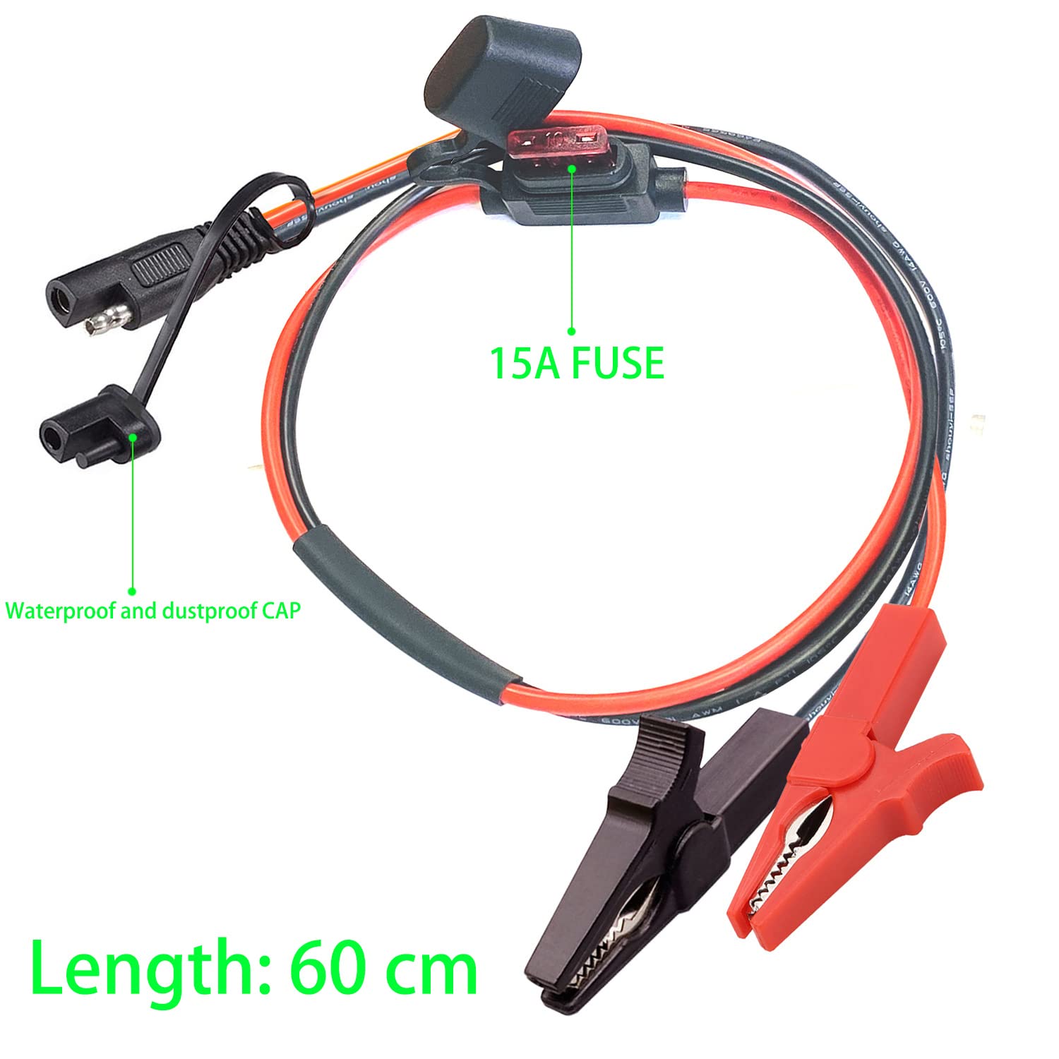 Pinces Crocodiles SAE Avec Connecteur Quick Disconnect - Câble 10AWG, 2ft, Fusible 15A - Pour Chargeur Batterie Voiture, Moto