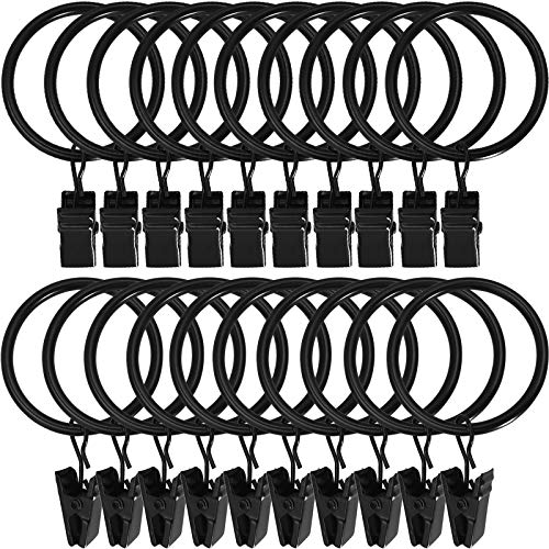 LLPJS 20 Pack Metal Curtain Rings with Clips Curtain Clip Rings Hooks for Hanging Drapery Drapes Bows Curtain Rod Rings 1.5 inch Interior Diameter Black