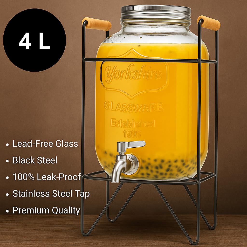 Distributeur de boissons avec robinet en inox - 4L - Support en métal noir finition bois - Style vintage - Pour toutes boissons froides