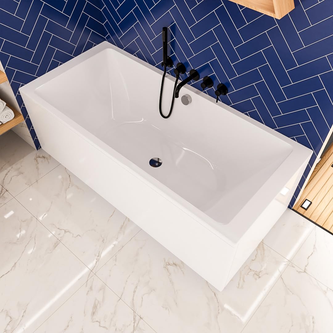 Wanna ECOLAM Tami 200x90 cm + fartuch + półka bambusowa | Nowoczesna, duża wanna dla dwóch osób | Prostokątna wanna akrylowa, najwyższa jakość | Armatura odpływowa, nóżki silikonowe, komplet, design