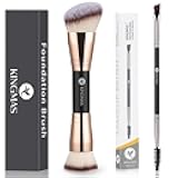 KINGMAS Foundation Makeup Brush, Kabuki Brush, Double-Ended Contour Brush and Double-Ended Angled Eyebrow Brush and Spoolie Brush (Black)
