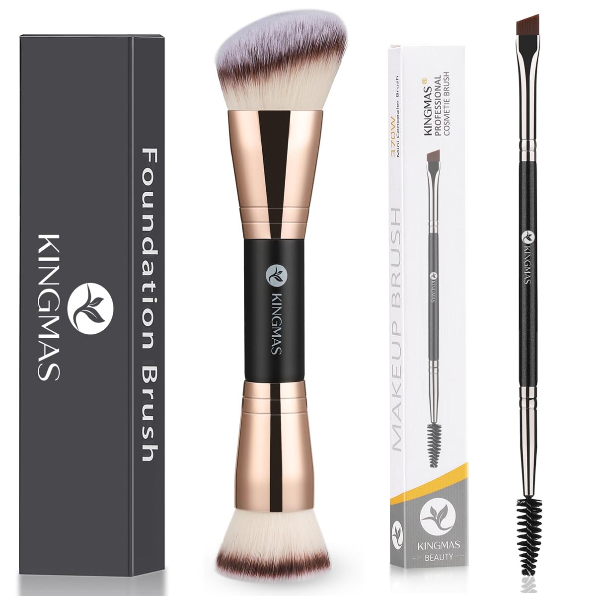 KINGMAS Foundation Makeup Brush, Kabuki Brush, Double-Ended Contour Brush and Double-Ended Angled Eyebrow Brush and Spoolie Brush (Black)