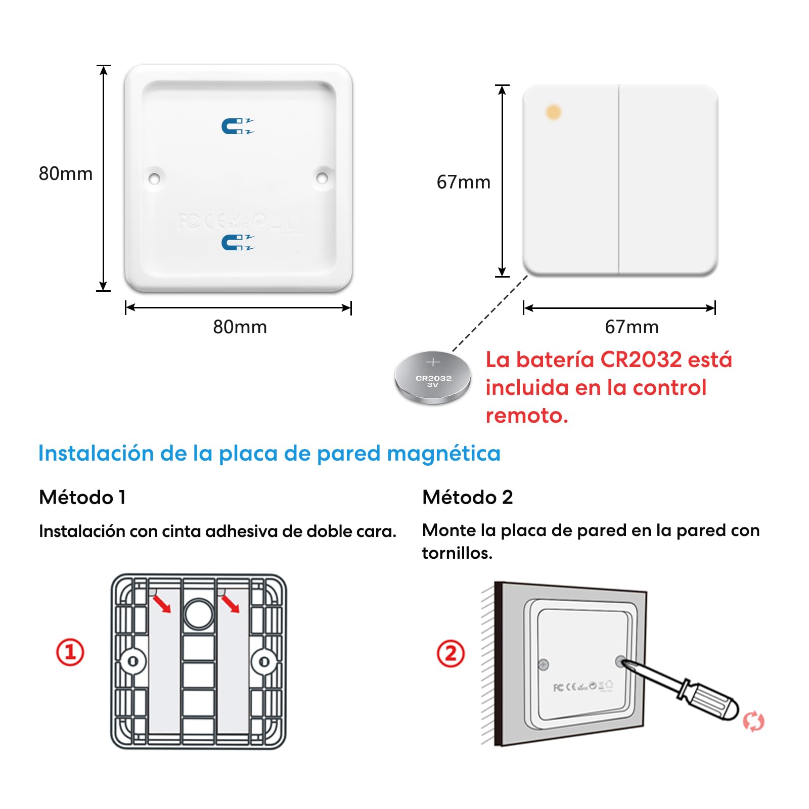 Interruptor de Luz Inalámbrico LoraTap, Mando a Distancia y 2 Receptor de Relé 10A, Interruptor Inalámbrico de Pared a 2 Gang para Lámparas y Electrodomésticos, RF Control Remoto de hasta 200m