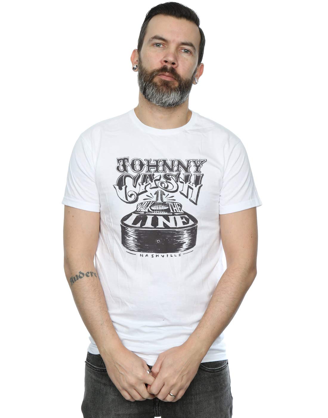 Absolute Cult Johnny Cash Men's Nashville Guitar T-Shirt White Medium
