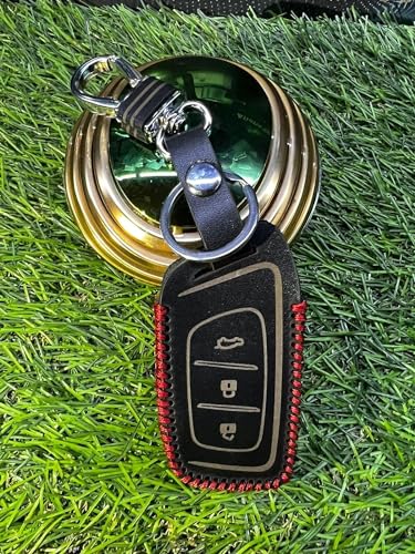 Image of Leather Smart Car Key Cover Case with Metal Hook Keychain for MG Hactor Plus(Black)