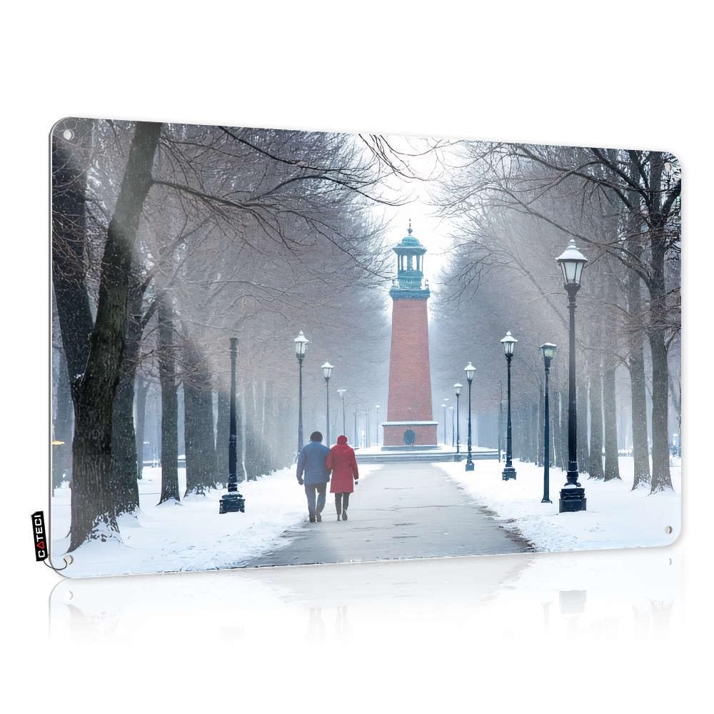 Sujd Colour Decorative Poster, Tinsign Gifts A Couple Walks Down A Snowy Path Towards A Monument. | Farmhouse Shop Decor(30X40cm)