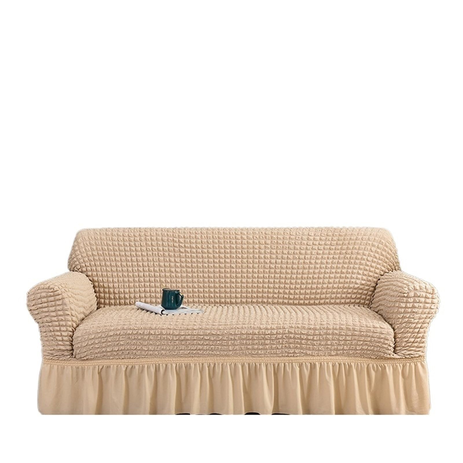 SUBLXPoten Sofa Cover with Skirt Dark Brown Plaid Skirt Elastic Sofa Cover for Living Room 2 3 4 Seat Armchair L Shape Furniture(Color 1,3-seater 190-230cm)