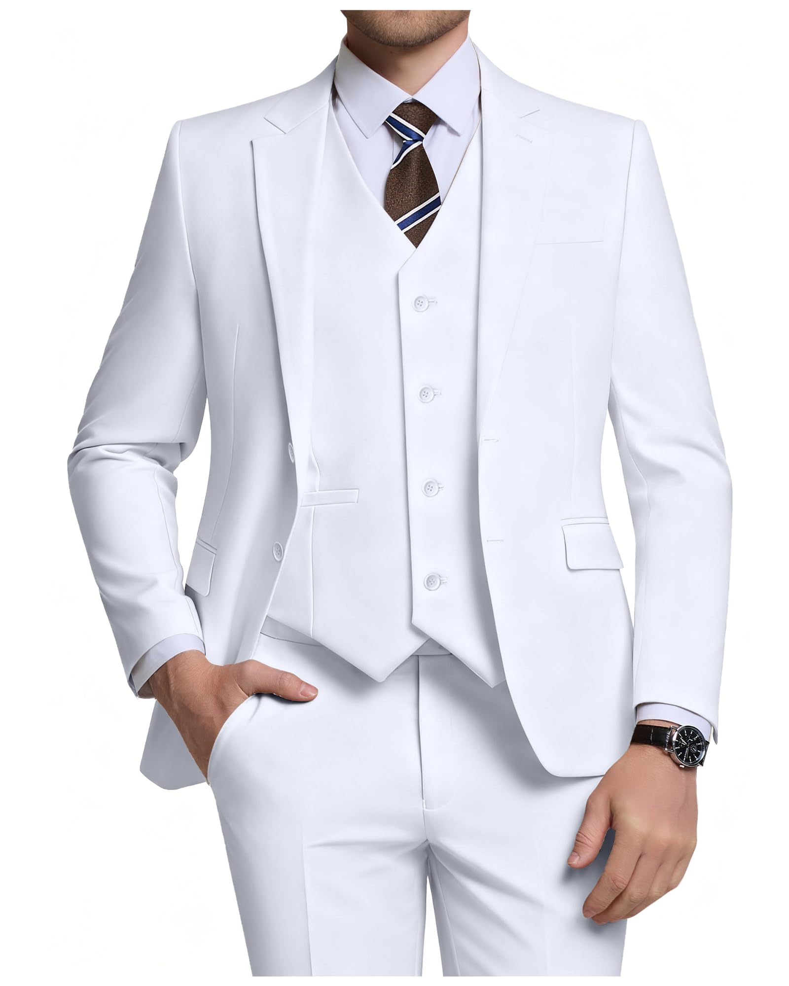 Men's 3 Piece Slim Fit Suit Set, Two Button Blazer Solid Jacket Vest Pants Wedding Business Suit