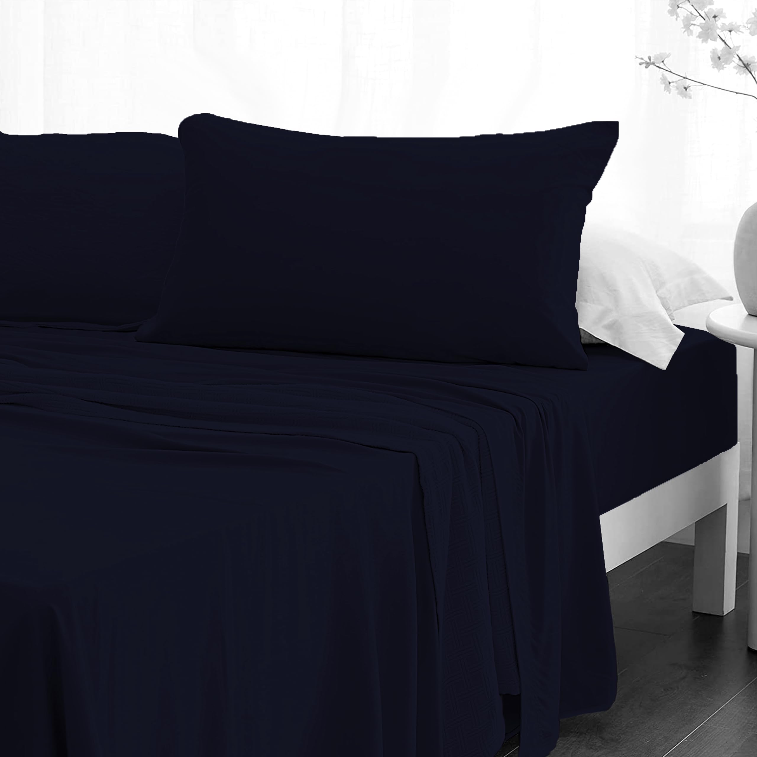 Crescent Textile Sheet Set for Bed 200TC 100% Egyptian Cotton Super Soft Easy Care Fitted Sheet & Flat Sheet with Pillowcases Bedding Set (Navy, King)