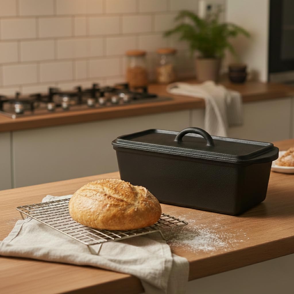 XENIA Brotbackform mit Deckel 28cm - Inkl. Silikongriffe - Gusseisen Kastenform für Brot & Sauerteig - 3L Dutch Oven & Bräter rechteckig - Brottopf für Induktion & Backofen geeignet