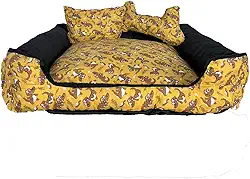 Cama Pet Onix, para Cachorro e Gato, Lavável com Zíper, 40x40x15 cm, Raças Pequenas e Médias, 100% Algodão, Fundo Impermeável, Flocos de Espuma, Amarelo, Quadrada, Estampa Dino