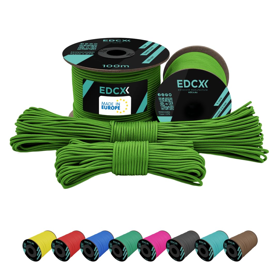EdcX 2 mm Nylon Paracord 275 - 15 m, Green Golf, 100% Nylon, 3-Strand, 220lbs (97 kg) Load, Water Resistant, Camping, Handmade