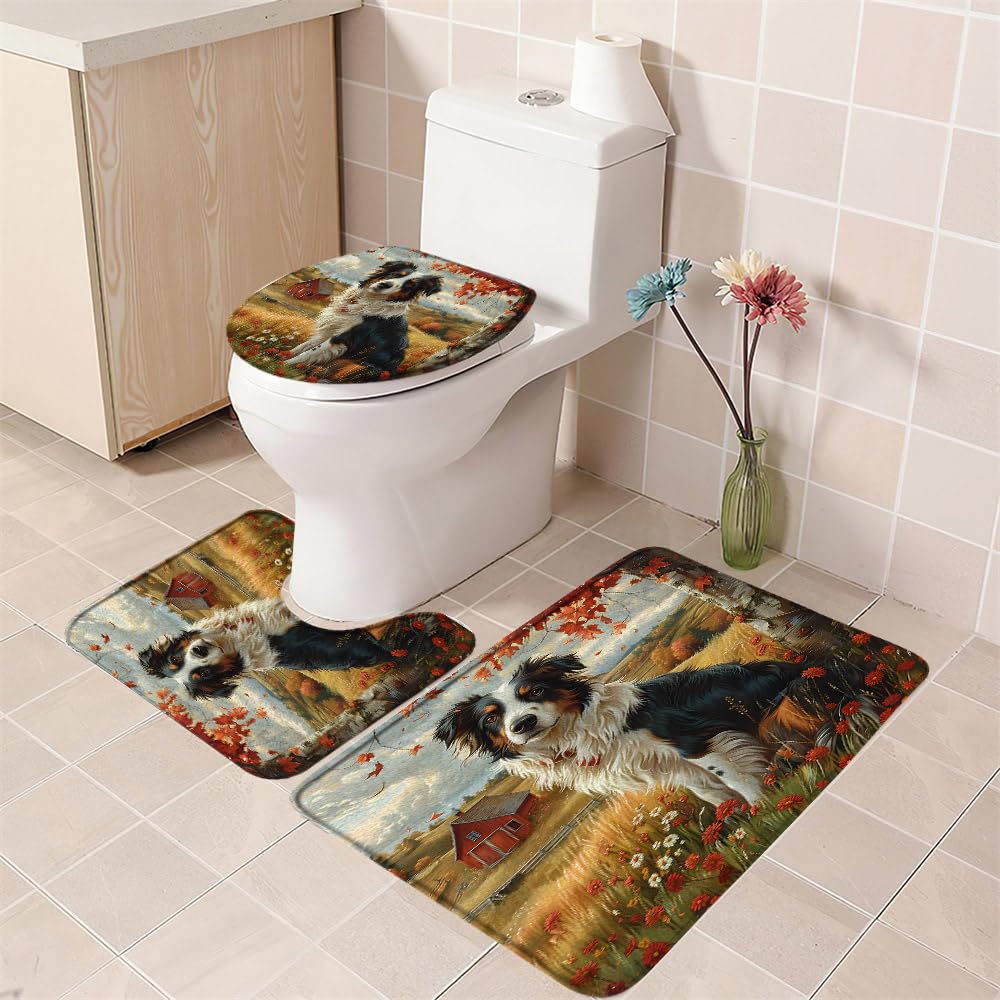 3PCS Fall Dog Bath Mat Set Autumn Forest Maple Leaves Floral Red Barn Harvest Seasonal Farmhouse Animal Bathroom Kitchen Floor Mat Doormat,Toilet Lid Cover and Bath Mat Microfiber Home Decor Rug