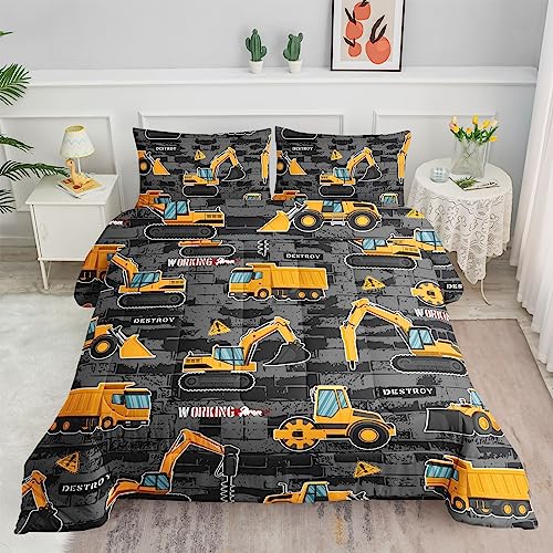 Datura home Kids Engineering Car Bedding Comforter Set Tractor Truck Printed Pattern Bedding Set with 1 Comforter and 2 Pillowcases for Boys Bedroom All Season(Truck2 Twin), Twin 68x86inches