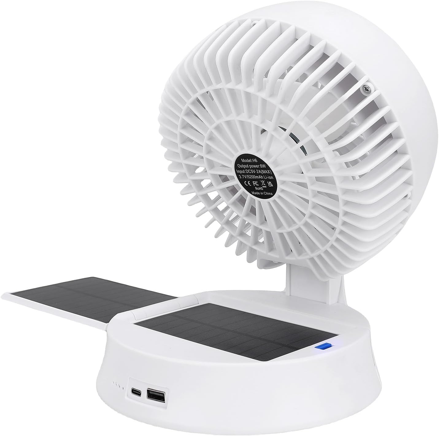Solar Camping Fan Solar Powered Fan with 5200mAh Battery 4 Wind Speeds 3 Brightness Levels Adjustable Angle LED Light for Outdoor Travel Camping Emergency
