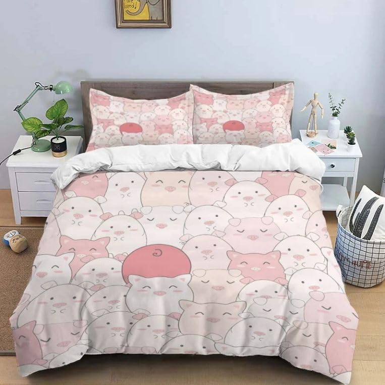 Housse de couette cochon rose 140x200 infroissable pour lit enfant facile à laver
