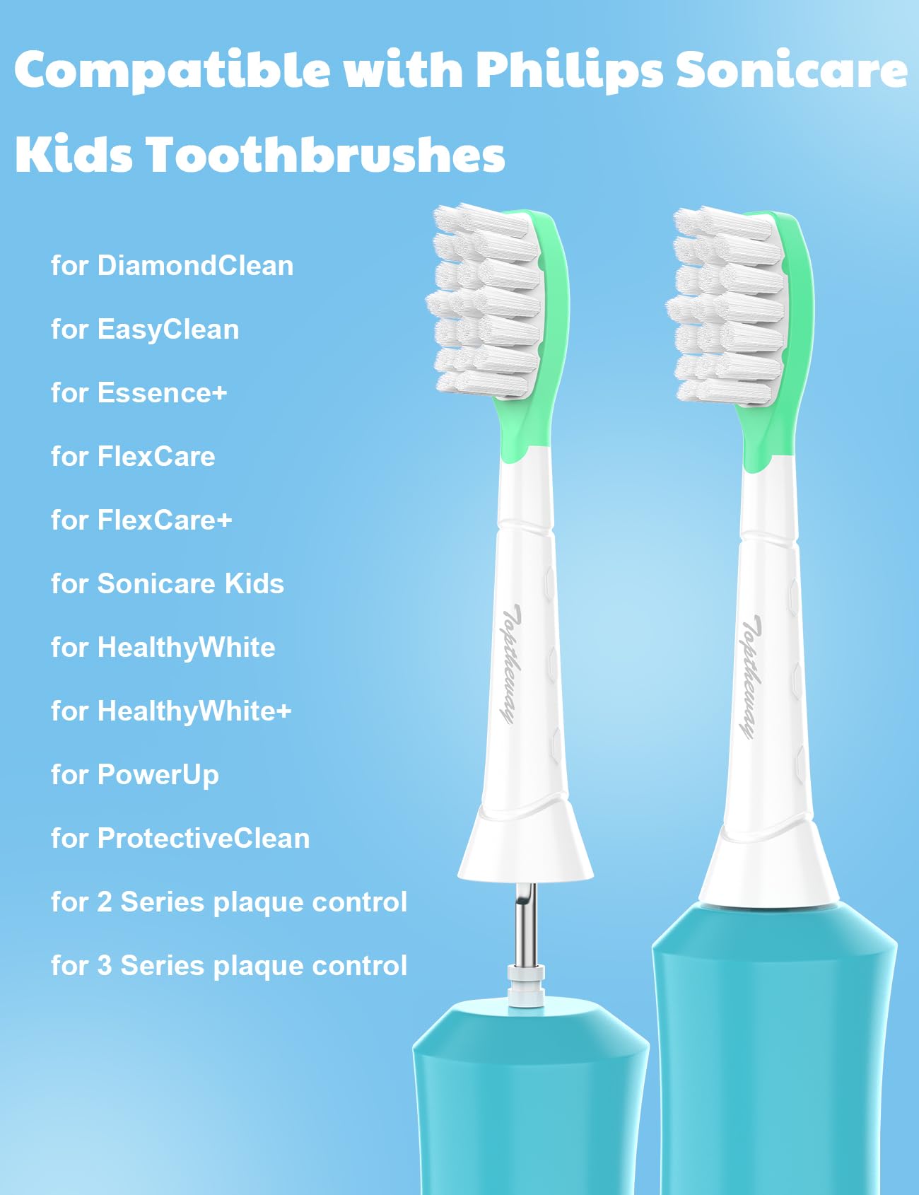 Toptheway Cabezales de repuesto para niños Philips Sonicare: Kids 7+ Cabezales de cepillo de dientes eléctrico sónico estándar, rosa y verde, paquete de 4