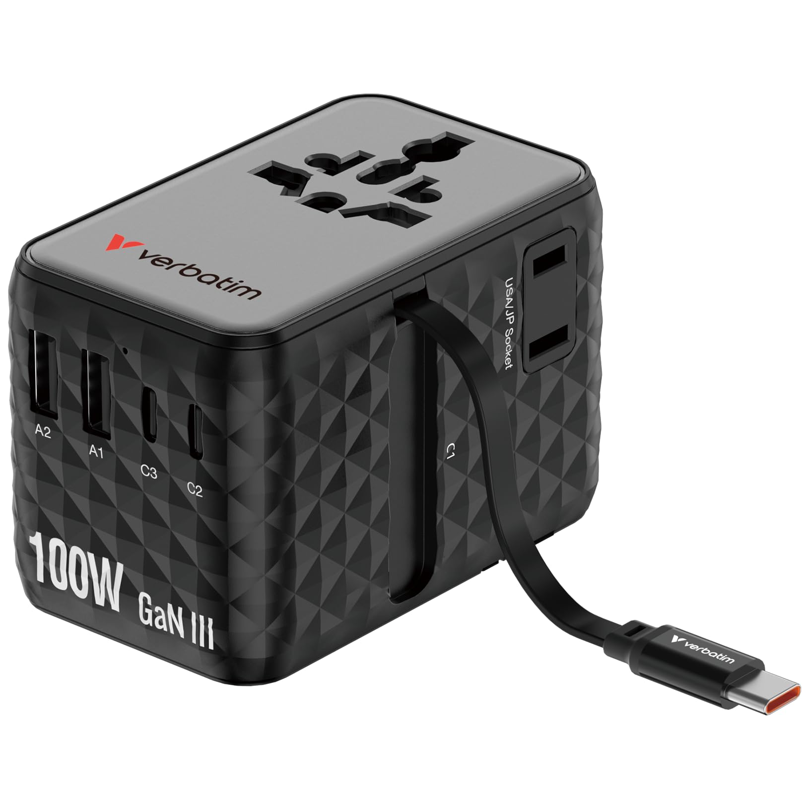 Verbatim GaN adapter podróżny 100 W, czarny, adapter do gniazdka z wbudowanym kablem i 2 x USB-C, 2 x USB-A, 2 x złącze USA/JP, uniwersalna ładowarka do laptopa, smartfona itp., do zastosowania na