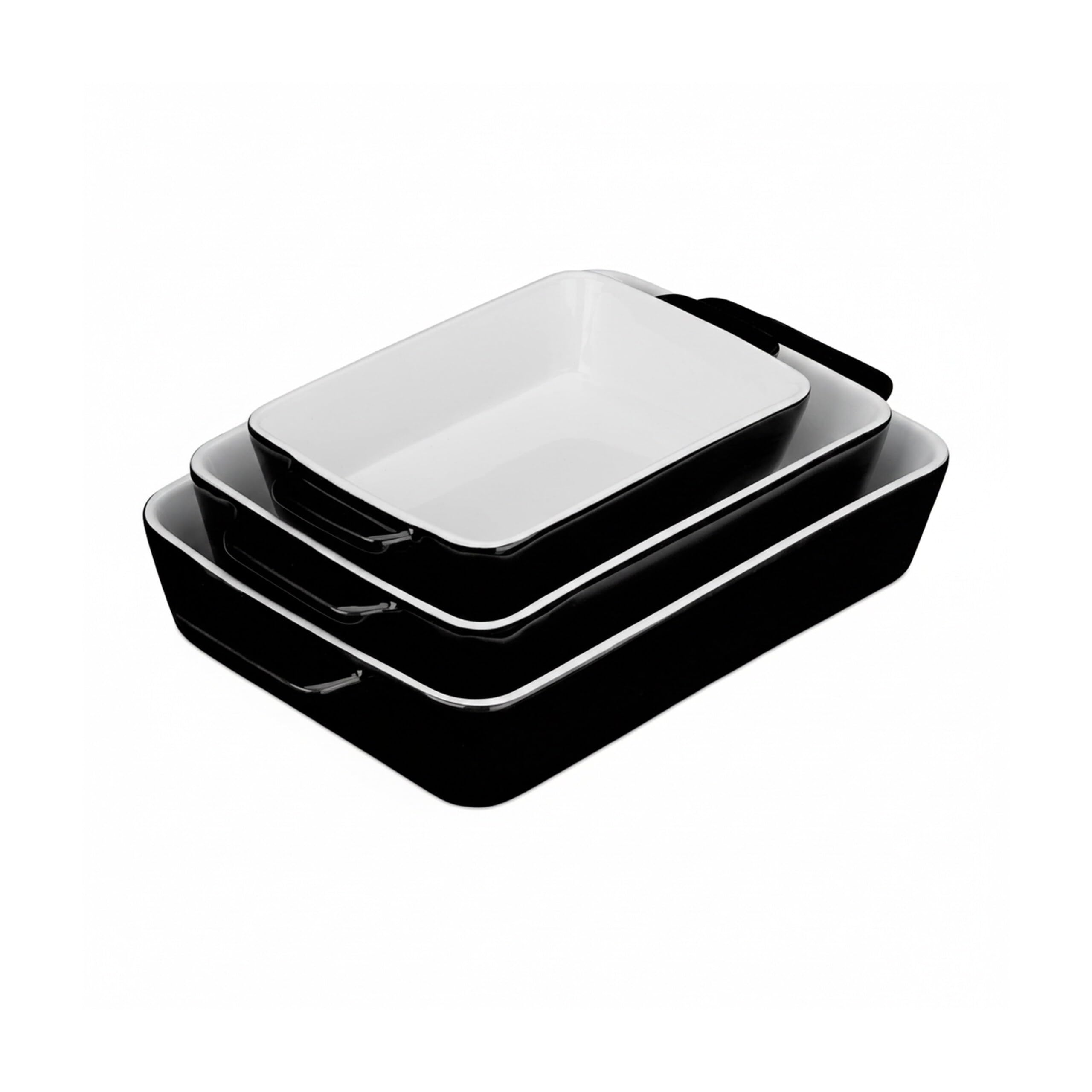 Relaxdays Set da 3 Teglie in Ceramica, Pirofile Rettangolari, per Forno, Frigo, Lavastoviglie, con Manici, Nero Bianco