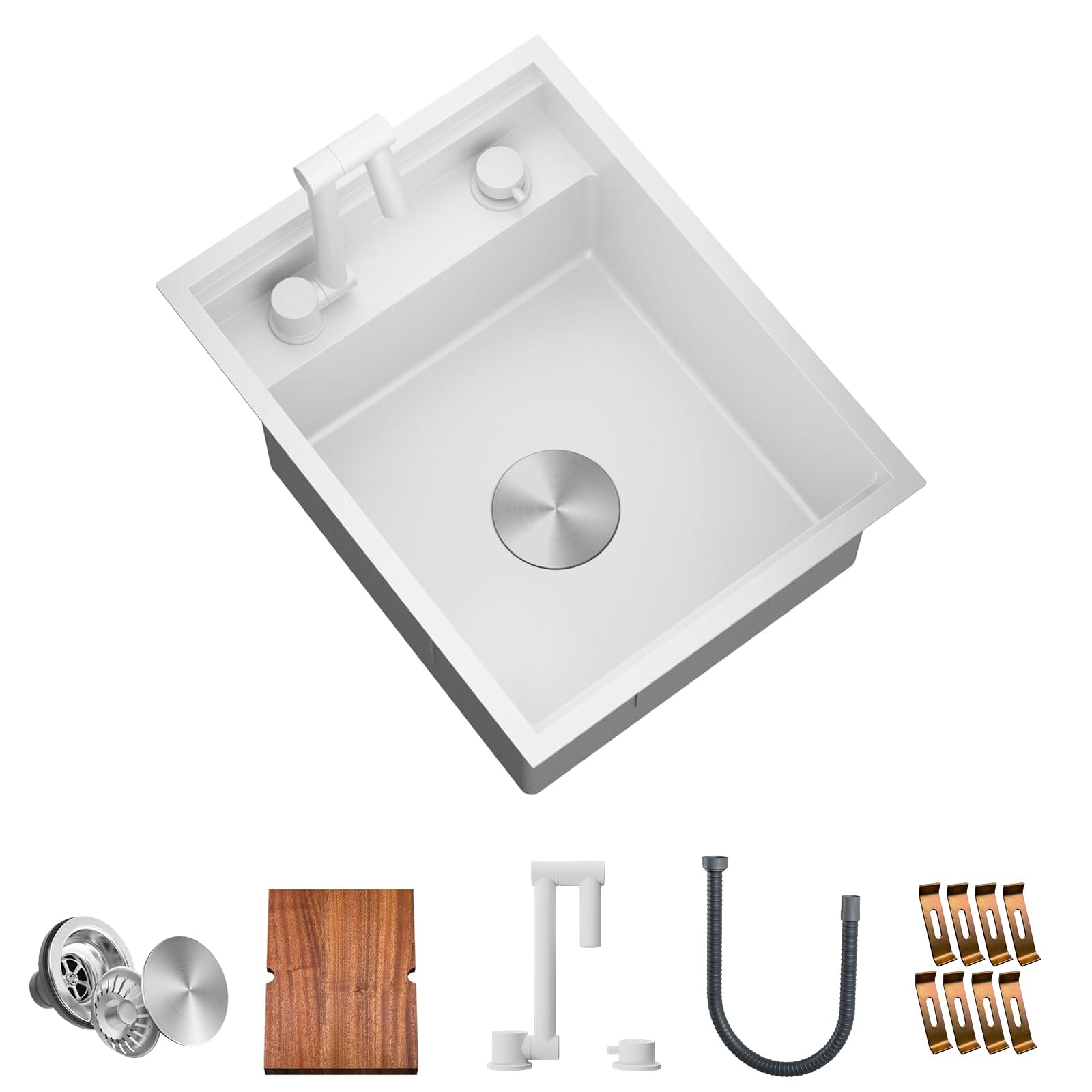 TORVA RV Kitchen Sink, 16 x 21 x 9 Inch Undermount Bar Sink 16 Gauge Stainless Steel Single Bowl Sink with Foldable Faucet Cutting Board, White