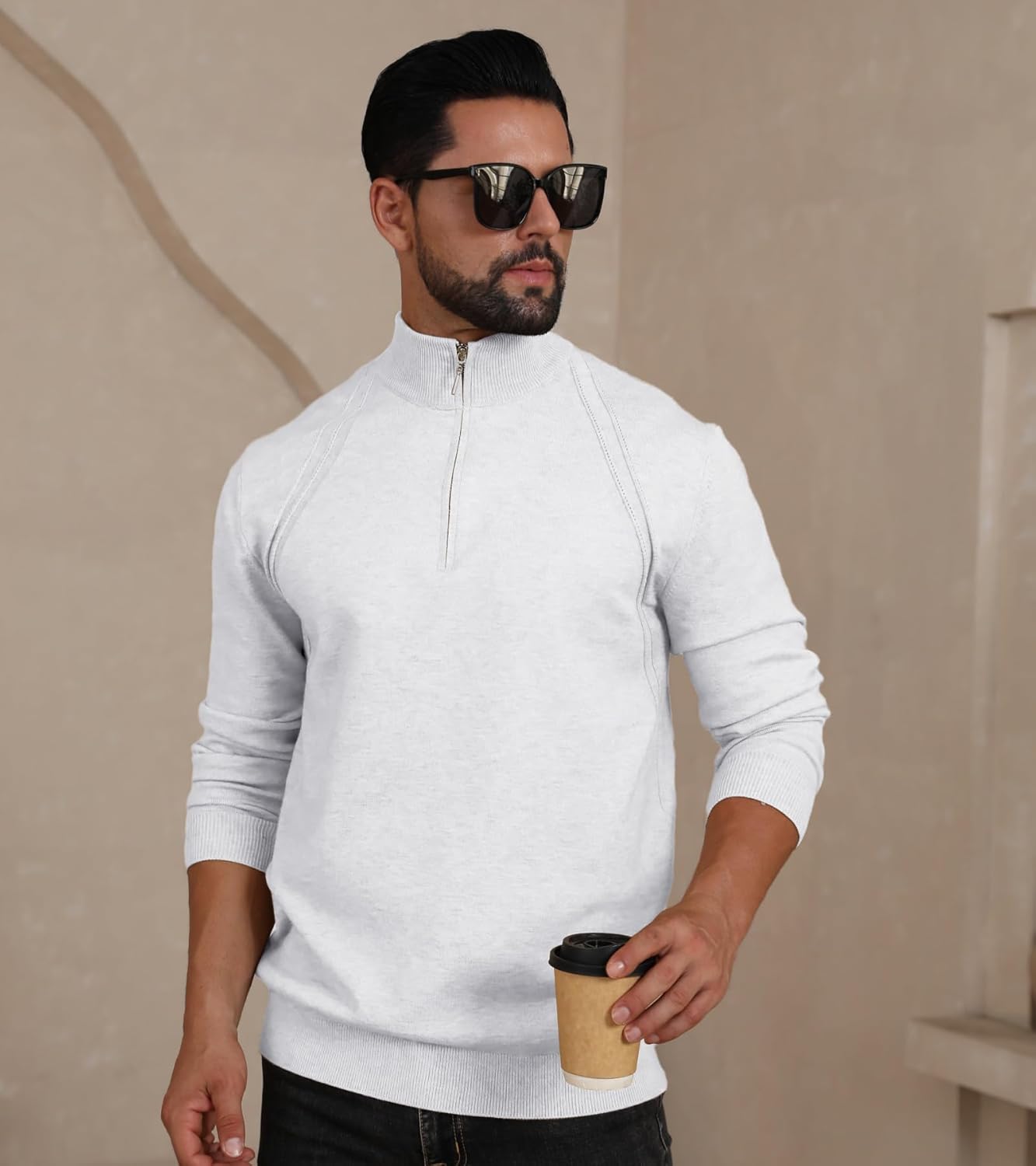 Mens Fashion Knit Pullover Sweater Quarter Zip Long Sleeve Mock Neck Ribbed Sweater - Image 2