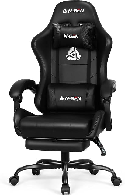 N-GEN Gaming Vidéo Gaming Chaise avec repose-pieds Lombar Support pour Home Office High Back Recliner Hauteur réglable Ergonomic Comfy chaise de bureau en cuir (noir de carbone)