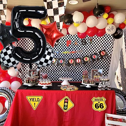 Image of TONIFUL 40 Inch Race Car 5th Birthday Balloons - Racetrack Number 5, Wheel Tire, Black White Checkered, Star - Boys Car Themed Party Decor