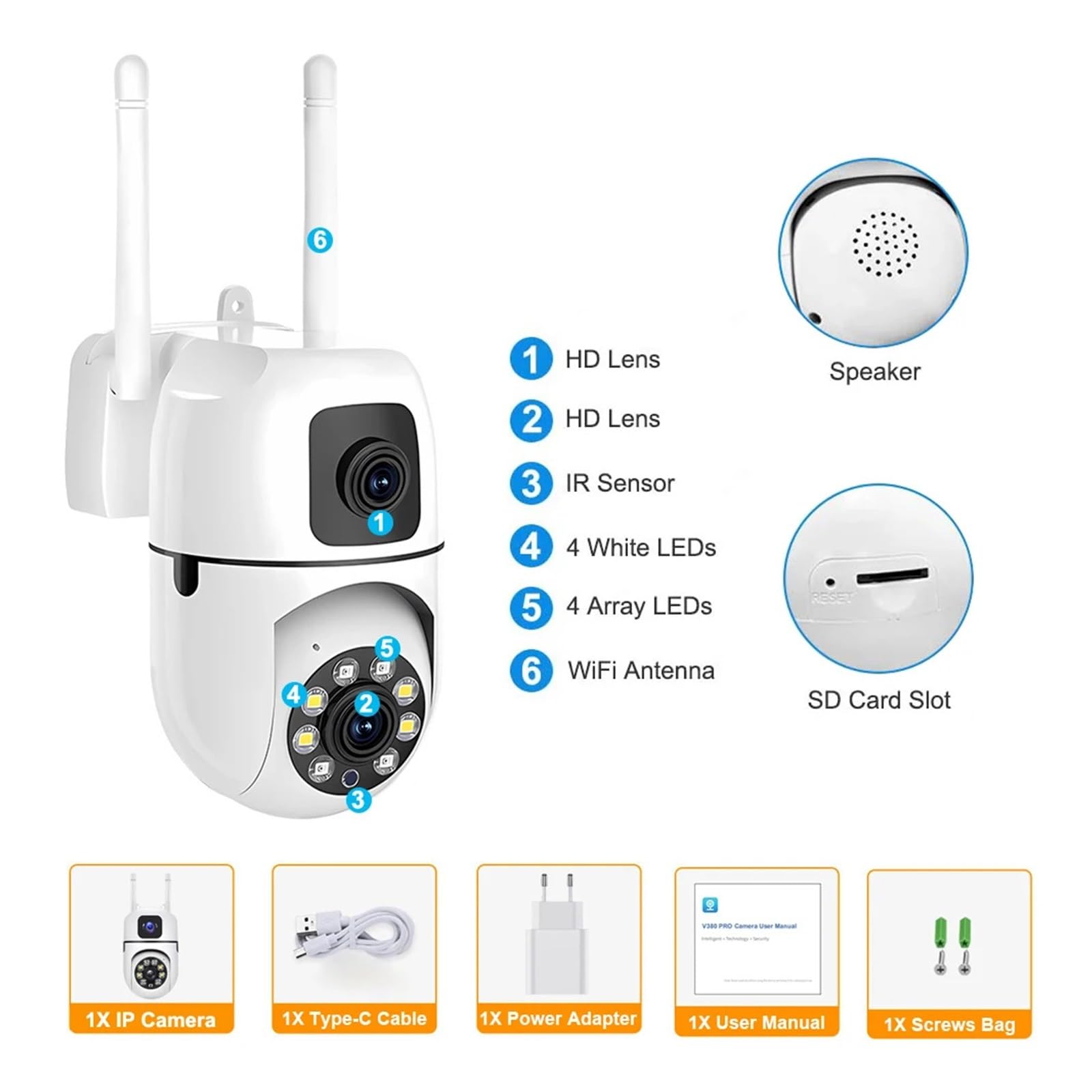 Obiekt Monitorowany, Podwójny obiektyw, podwójny ekran, kamera IP WiFi, ochrona bezpieczeństwa, bezprzewodowy monitor wewnętrzny, automatyczne śledzenie, monitoring wideo CCTV PTZ(Camara 128GB Card)