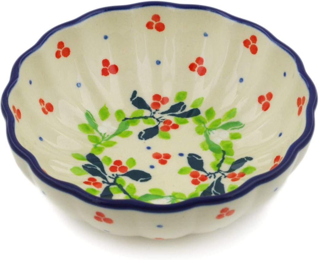 Polmedia Polish Pottery Scalloped Fluted Bowl 5-inch - Pasadena Delight Pattern Handmade in Boleslawiec Poland by Ceramika Artystyczna + Certificate of Authenticity