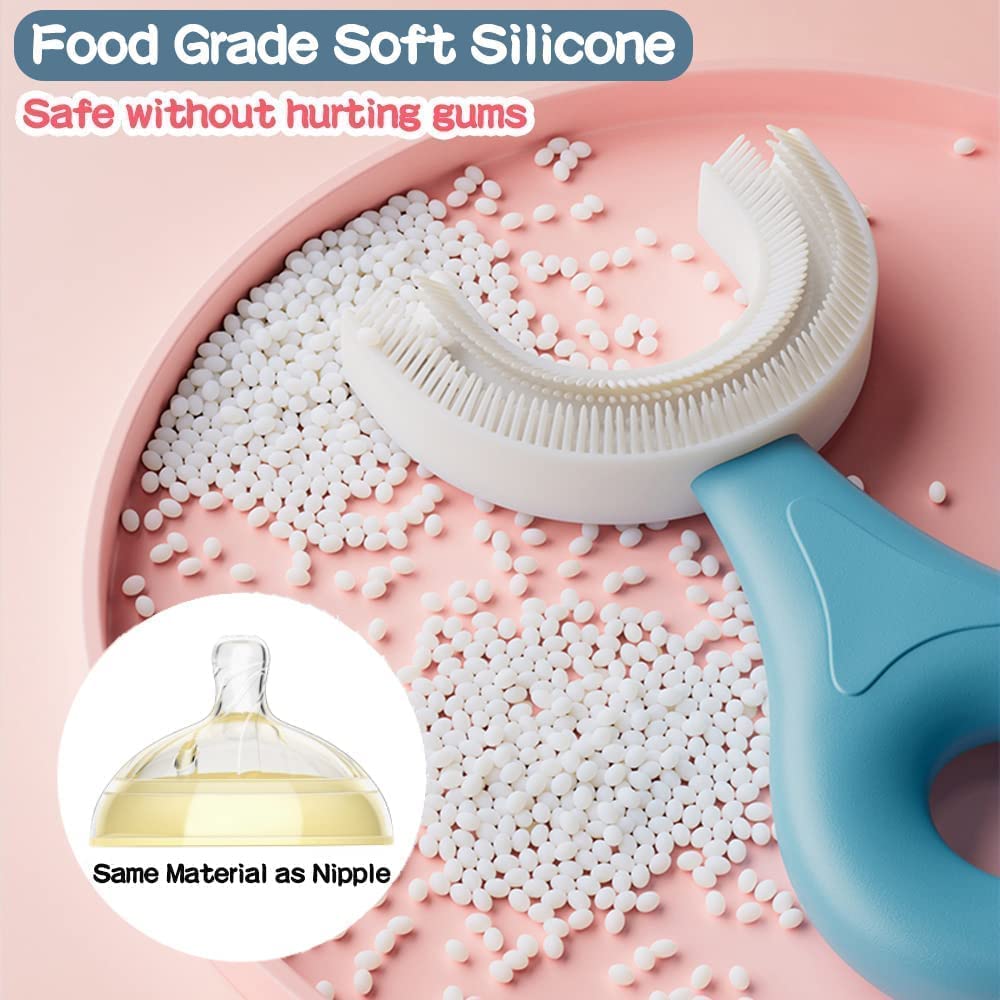 YOTEE Spazzolino da denti a forma di U per bambini, con testina in morbido silicone per uso alimentare, spazzolino manuale per tutta la bocca, per bambini dai 6 ai 12 anni (blu + rosa)