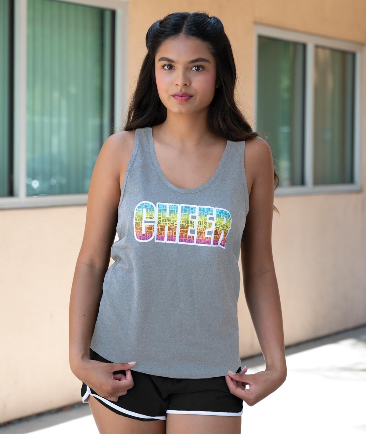 chassé Cheerleading Uniform Top for Girls - Blaze Boost, Fitted V-Neck Shell Top (YS, Black/White/Metallic Silver)