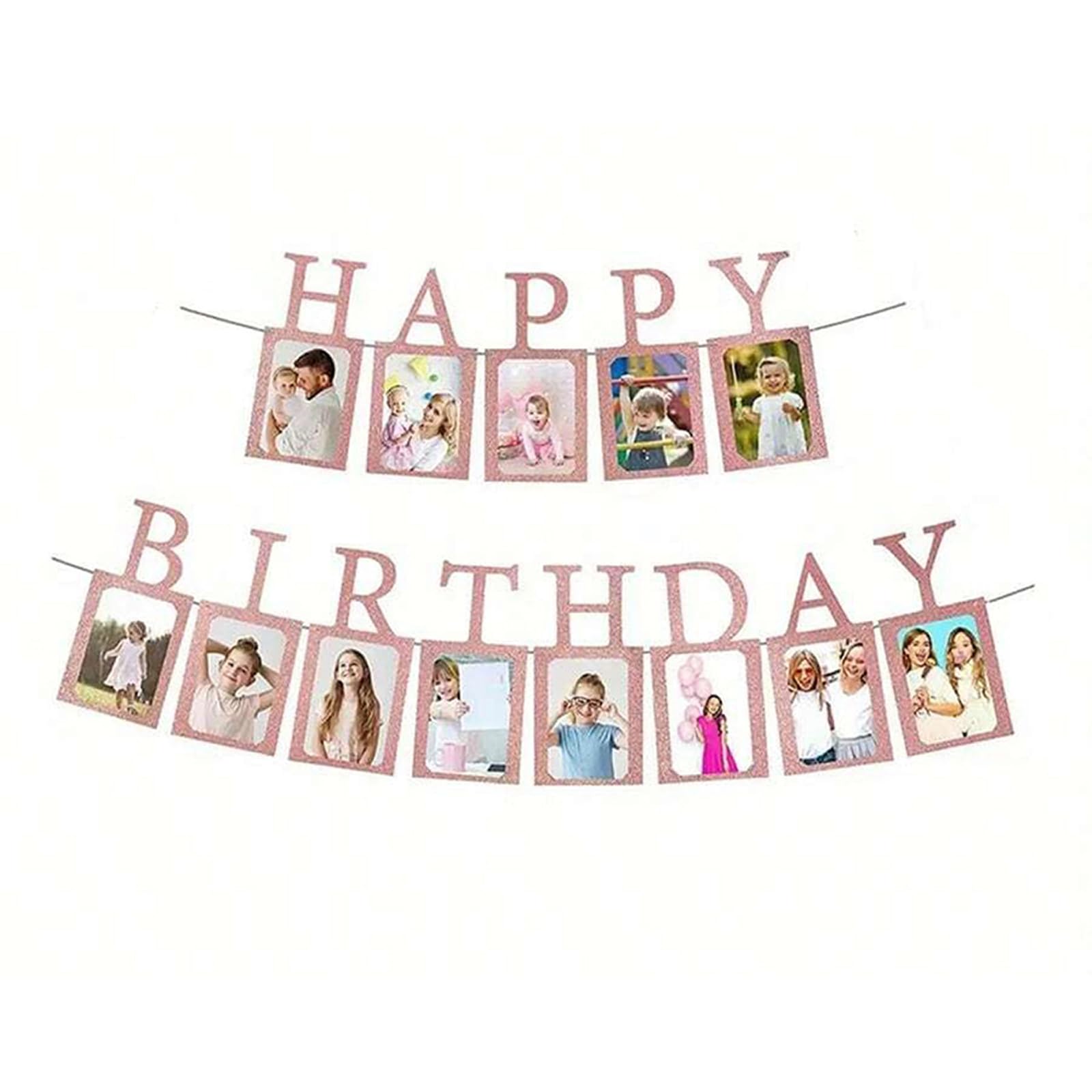 Happy Birthday Banner Personalised - Photo Banner with Glitter for Party Decorations, Holds 13 Photos, Elegant Pink Cardstock Banner for Adult Birthday