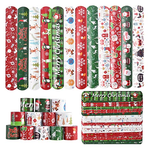 ZENZAL 48PCS Christmas Slap Bracelets Slap Xmas Snap Bracelet Party Favors Toys Slap Bands Assorted Christmas Theme Pattern for Christmas Party Favors