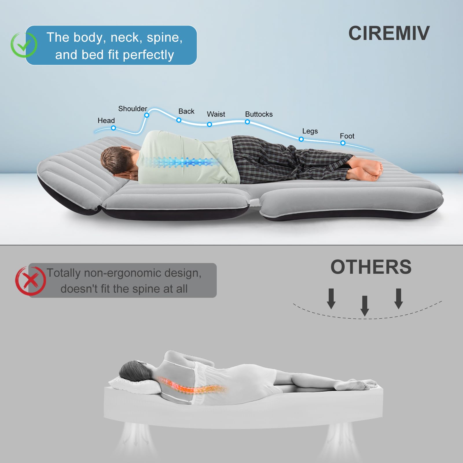 Ciremiv Auto Matratze mit Doppelseitiger, Dicker Beflockung,Auto Luftmatratze mit Pumpe und Eingebautem Kissen/Auslaufsichere, Bequeme, Langlebige Autobett,Car Bed für Autocamping, Roadtrip