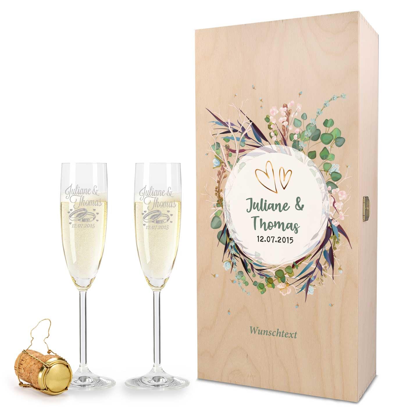 Leonardo Flûtes à champagne gravés Design floral Cadeau mariage, fiançailles ou anniversaire Boîte bois vintage imprimée