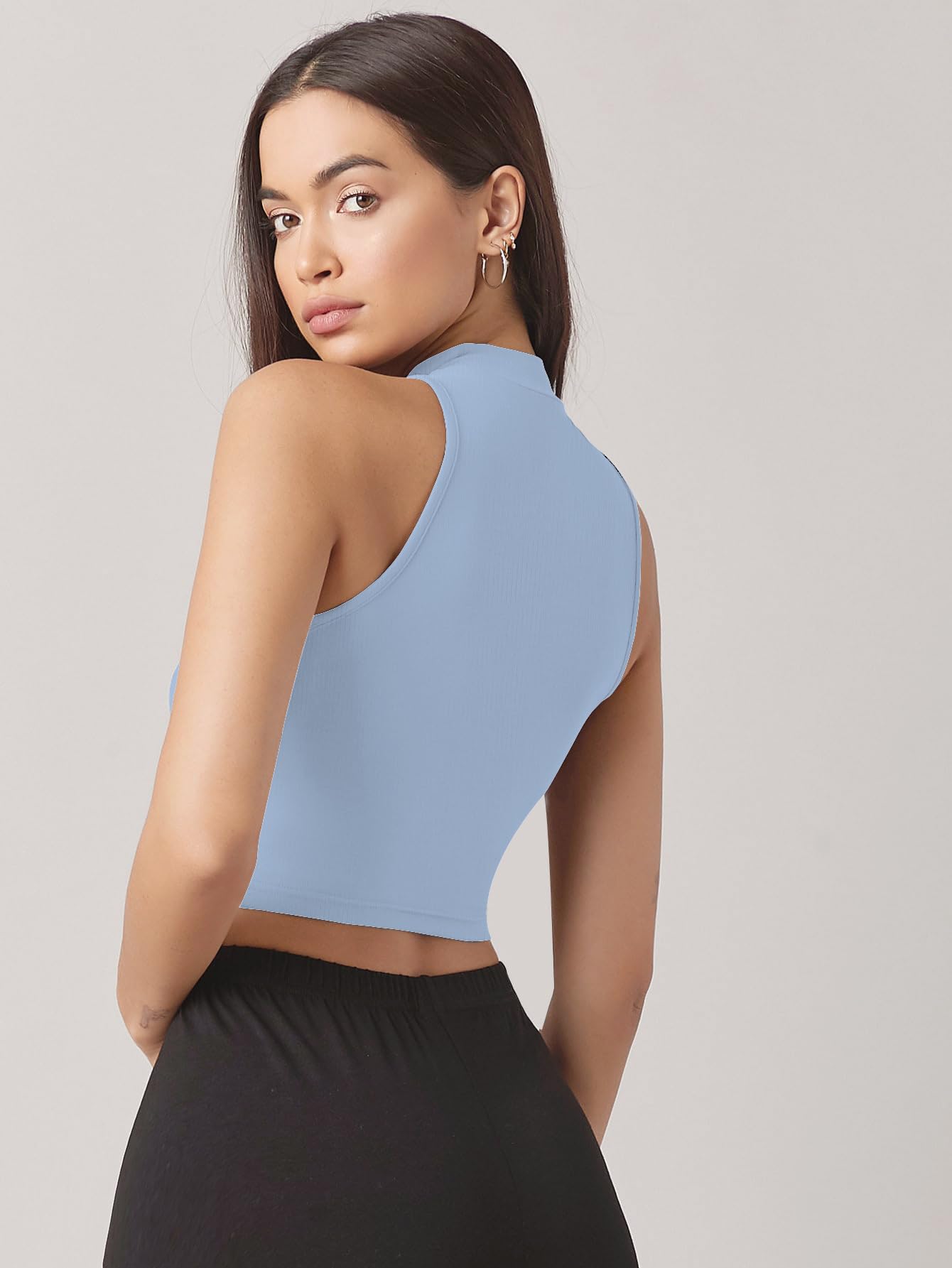 Sugathari Damski i dziewczęcy solidny prążkowany top z wysokim dekoltem, bez rękawów, crop top dla kobiet (Top 37)