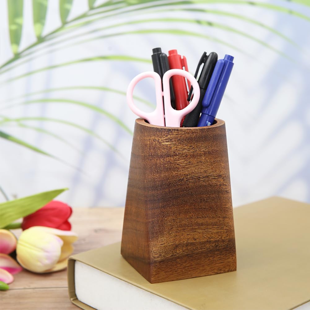 Boerni Walnut Wood Pen Holder,Simple Polygon Wooden Pencil Holder Cup Pen Container Holder Pen Pot Organizer Makeup Brush Holder for Kid Student Desk Office Library School Stationery Gift (Circular) - Image 3