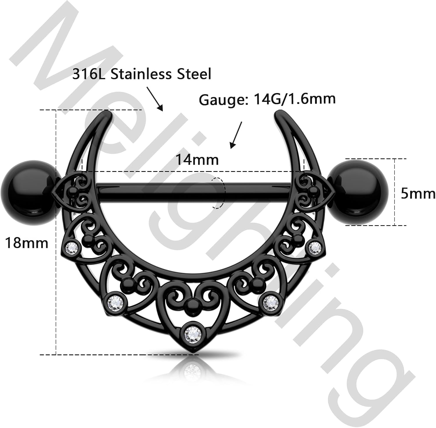 Melighting Black Moon Nipple Piercing Jewelry - 14G Stainless Steel 316L Heart Nipple Barbell