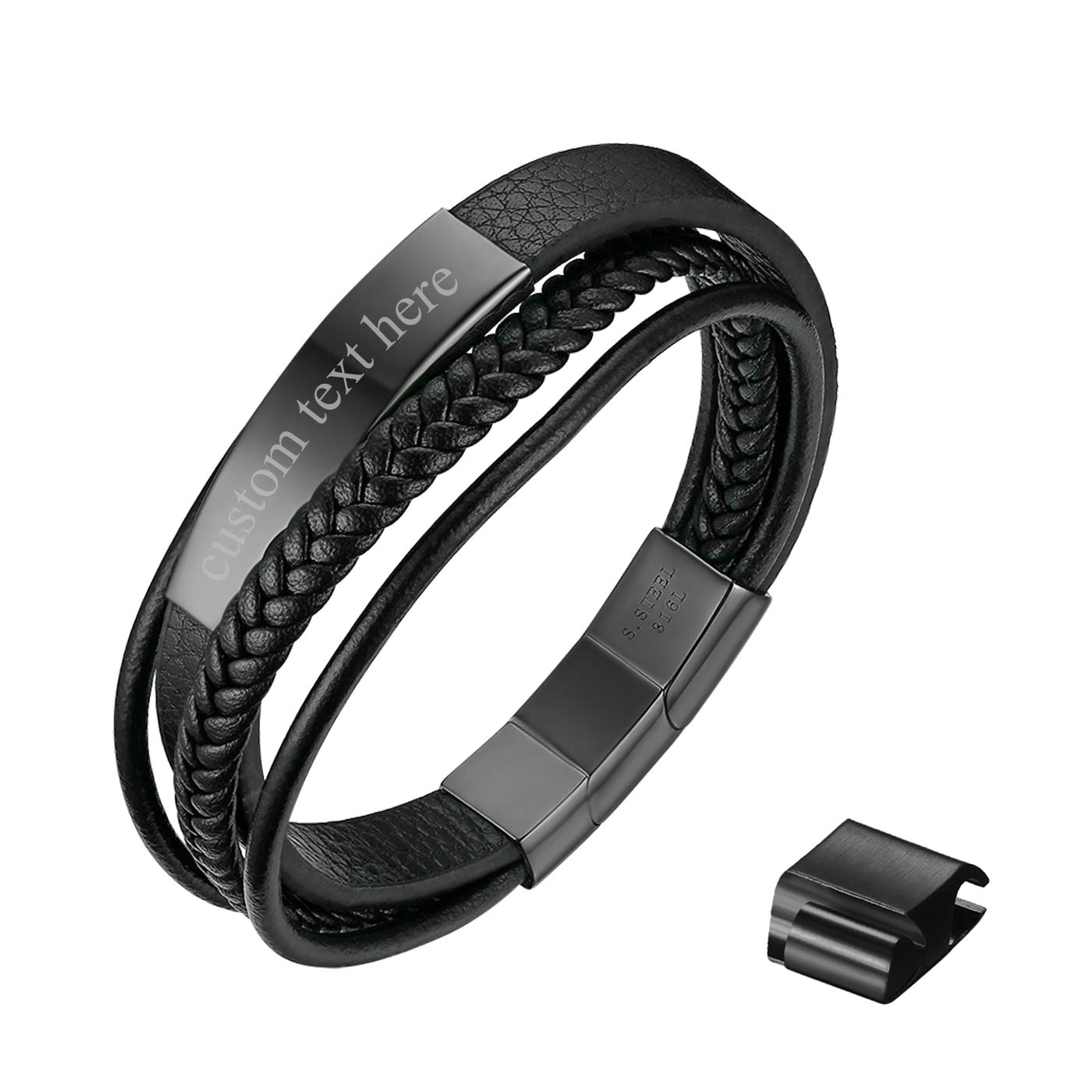 JewelryWe Pulsera Cuero Personalizada Hombre: Pulseras Plata Oro Negro de Cuero Trenzado Multicapa Grabable de Moda Cierre Magnético de Acero Inoxidable Antialérgico - Para Ocio Uso Diario Regalo