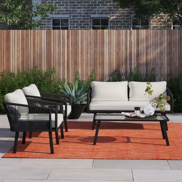 Image of DEVOKO 4 Seater Sofa Outdoor Indoor Conversation Patio Rope Furniture Set with Cushion and Center Table for Garden, Bacony, Poolside (Black & Offwhite)
