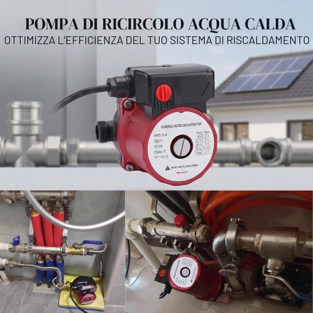 Pompa di Ricircolo Acqua Calda, Pompa di Circolazione Schermata 3 velocità 46W 67W 100W 65L/min per di Riscaldamento con Tubo NPT 1 Pollice Giunto 3/4 Pollici (Spina europea 220 V)