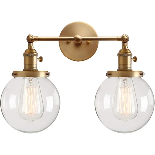 Permo Double Sconce Vintage Industrial Antique 2-Lights Wall Sconces with Dual Mini 5.9" Round Clear Glass Globe Shade (Antique Brass)