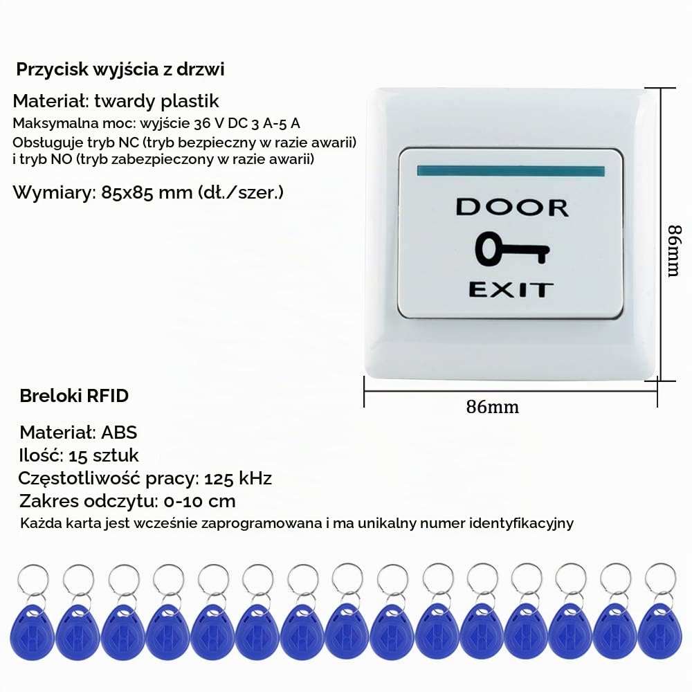 FST zestaw "zrób to sam" do wodoszczelnego systemu kontroli dostępu do użytku na zewnątrz, klawiatura RFID, zasilacz DC 12 V, przycisk wyjściowy do drzwi, 15 kart na klucze (bez zamka)