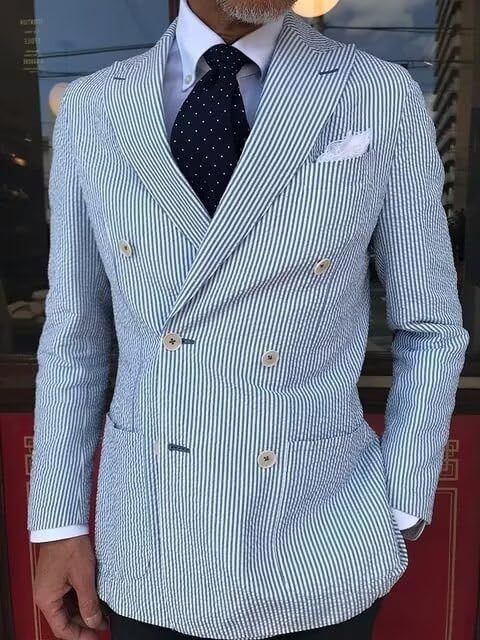 Men's Seersucker Striped Suits Double Breasted 2 Piece Casual Suit for Men Summer Wedding Grooms Blazer Jacket Pants Sets2