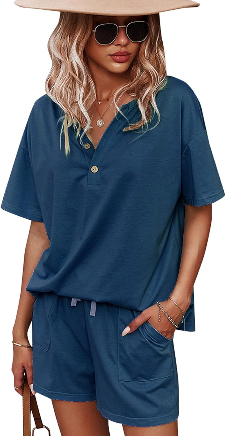 CORSKI Women's Short Sleeve Sweatsuit Sets Lounge 2 Piece V Neck Tracksuit Casual Loose Fit Outfits