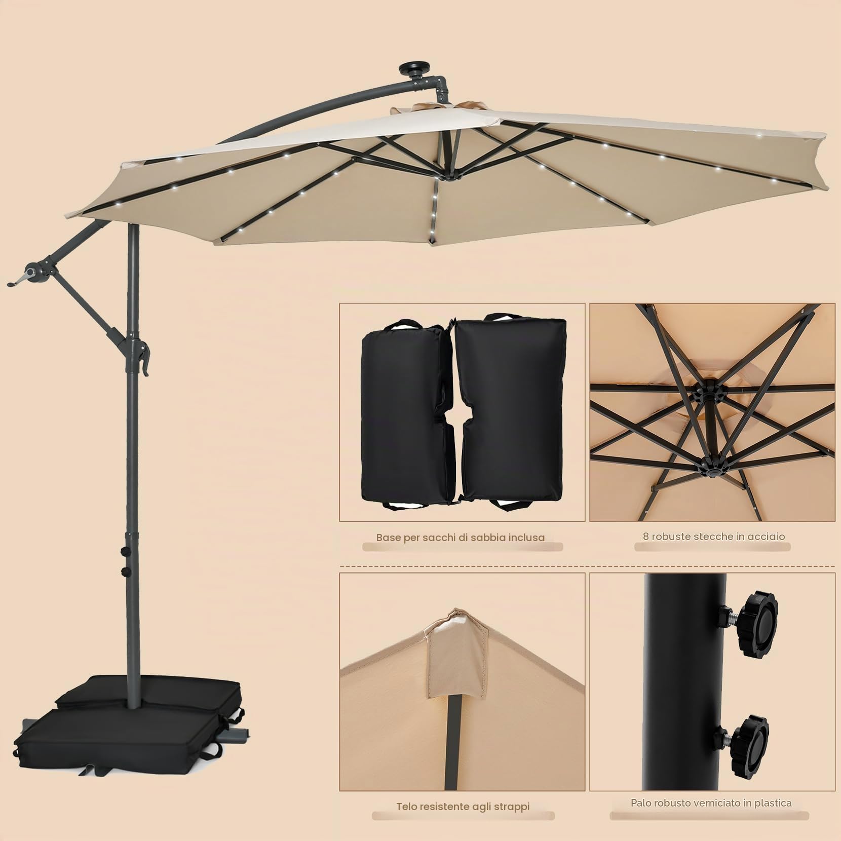 KOMFOTTEU Ombrellone da Giardino con LED e Pannello Solare, Ombrellone Parasole con Sacchi di Sabbia, Anti UV, Impermeabile, Regolabile ad Angolo, Ombrellone da Giardino 3x3 con Manovella